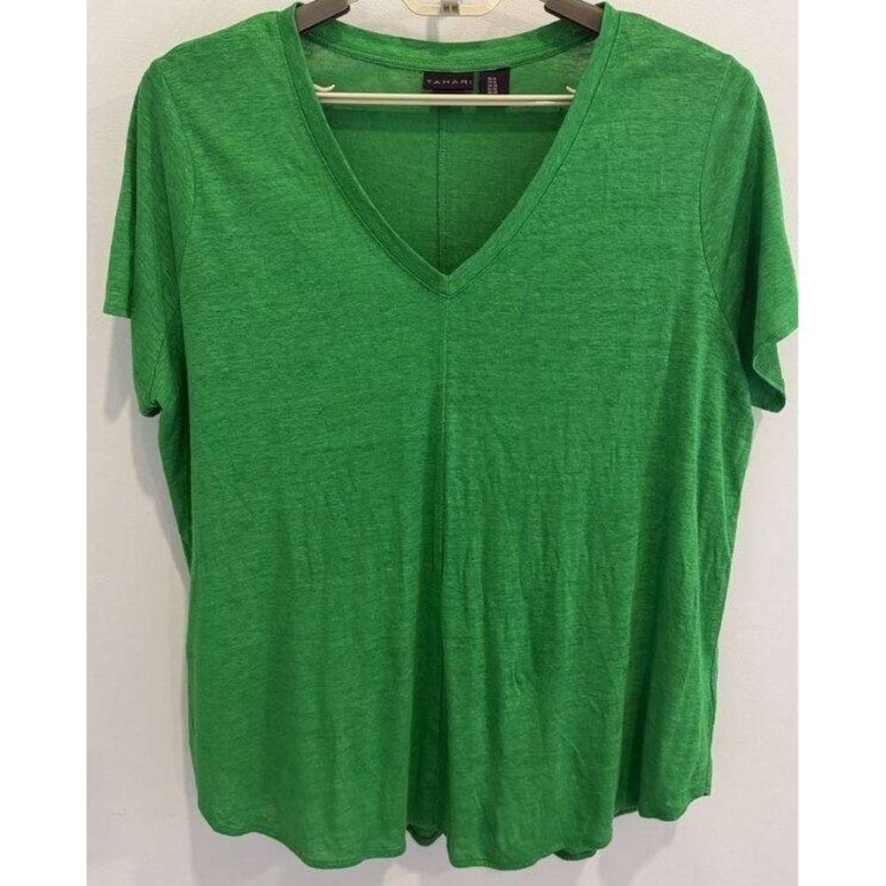 Tahari 100% Linen Kelly Green V Neck Short Sleeve Tunic Shirt Size 1X